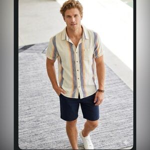 Short-Sleeve Vertical Stripe Button-Down Shirt in Cream, Blue & Orange